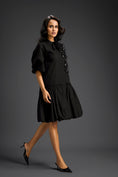 Load image into Gallery viewer, Black 3D Floral Embellished Puff Sleeve Dress