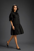 Load image into Gallery viewer, Black 3D Floral Embellished Puff Sleeve Dress