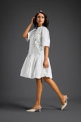 Load image into Gallery viewer, White 3D Floral Embellished Puff Sleeve Dress