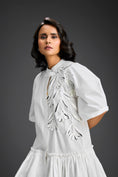 Load image into Gallery viewer, White 3D Floral Embellished Puff Sleeve Dress