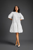Load image into Gallery viewer, White 3D Floral Embellished Puff Sleeve Dress