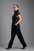 Load image into Gallery viewer, Black High-Neck Jumpsuit with Woven Leather Panel