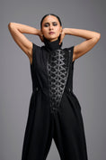 Load image into Gallery viewer, Black High-Neck Jumpsuit with Woven Leather Panel