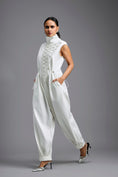 Load image into Gallery viewer, White High-Neck Jumpsuit with Woven Leather Panel