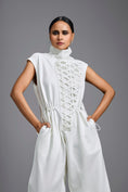 Load image into Gallery viewer, White High-Neck Jumpsuit with Woven Leather Panel