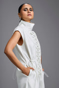 Load image into Gallery viewer, White High-Neck Jumpsuit with Woven Leather Panel