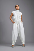 Load image into Gallery viewer, White High-Neck Jumpsuit with Woven Leather Panel