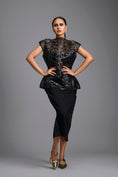 Load image into Gallery viewer, Black Sculpted Lattice Cutwork Top with Paneled Midi Skirt