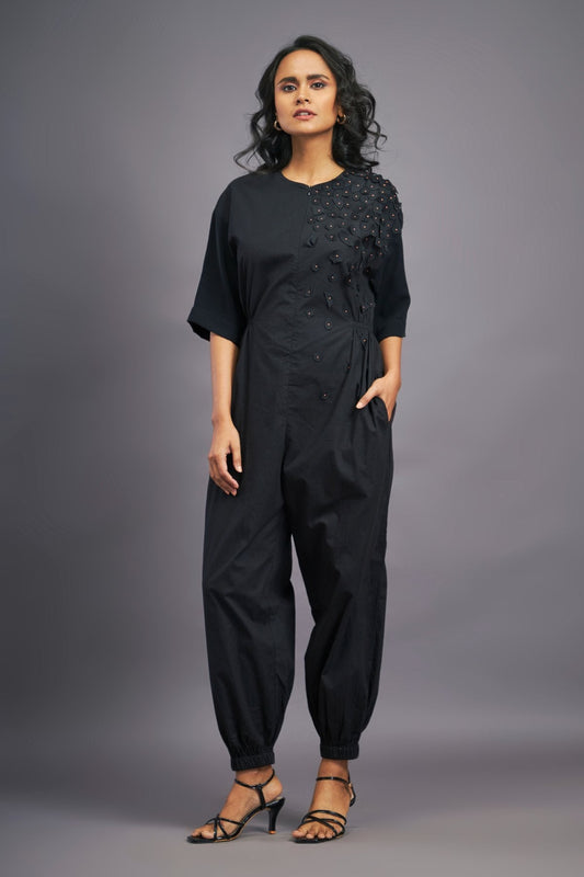 Black Jumpsuit With Self Confetti Detailing