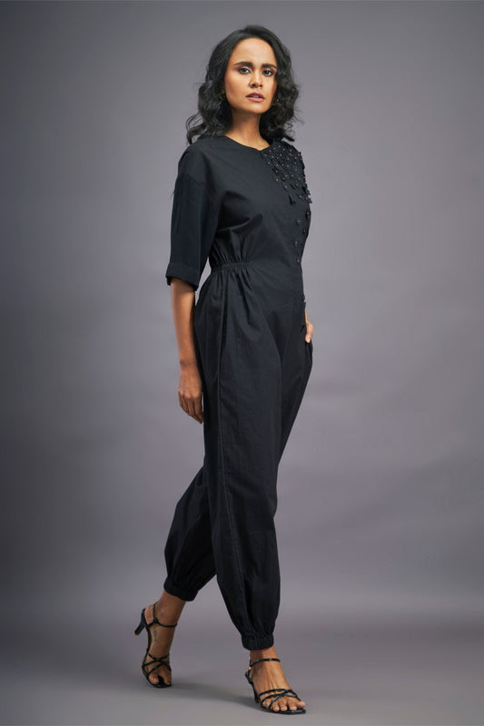 Black Jumpsuit With Self Confetti Detailing