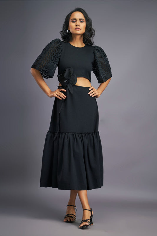 Black Cutout Ruffle Dress With Cutwork Sleeves