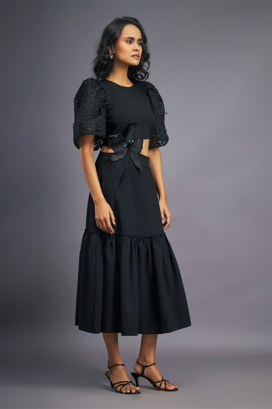 Black Cutout Ruffle Dress With Cutwork Sleeves