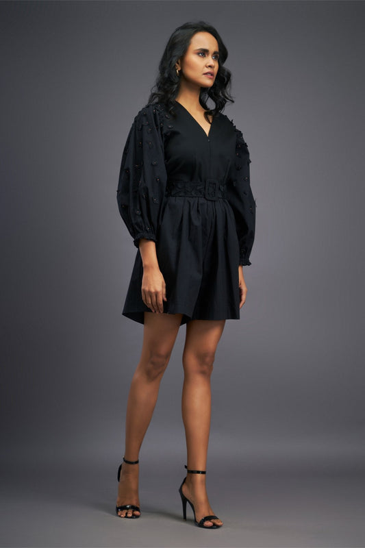 Black Playsuit With Puffed Sleeves