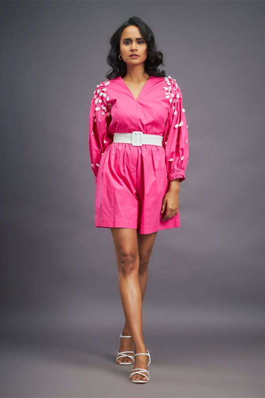 Pink Playsuit With Puffed Sleeves