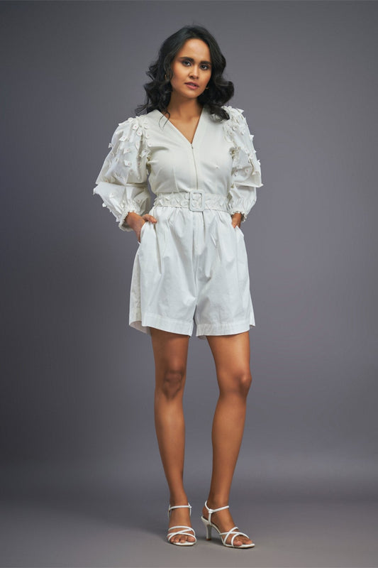 White Playsuit With Puffed Sleeves