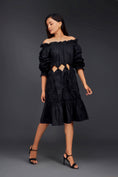 Load image into Gallery viewer, Black Off-shoulder Dress With Waist Cutouts And Pleated Frill Detailing