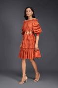 Load image into Gallery viewer, Rust Off-shoulder Dress With Waist Cutouts And Pleated Frill Detailing