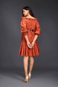 Load image into Gallery viewer, Rust Off-shoulder Dress With Waist Cutouts And Pleated Frill Detailing