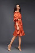 Load image into Gallery viewer, Rust Off-shoulder Dress With Waist Cutouts And Pleated Frill Detailing