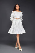Load image into Gallery viewer, White Off-shoulder Dress With Waist Cutouts And Pleated Frill Detailing