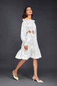 Load image into Gallery viewer, White Off-shoulder Dress With Waist Cutouts And Pleated Frill Detailing