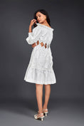 Load image into Gallery viewer, White Off-shoulder Dress With Waist Cutouts And Pleated Frill Detailing
