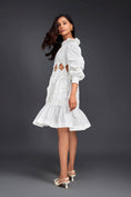 Load image into Gallery viewer, White Off-shoulder Dress With Waist Cutouts And Pleated Frill Detailing