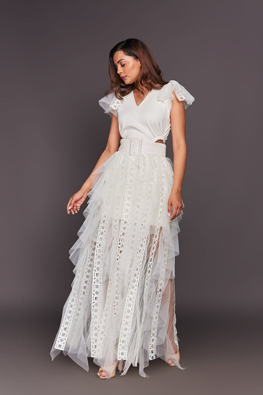 White V Neck Ruffled Dress With Cutwork And Sequin Belt