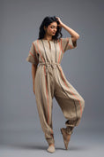 Load image into Gallery viewer, BEIGE ZIP-FRONT JUMPSUIT WITH NEON CONTRAST PIPING