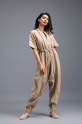 Load image into Gallery viewer, BEIGE ZIP-FRONT JUMPSUIT WITH NEON CONTRAST PIPING