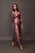 Load image into Gallery viewer, Copper Metallic Foil Jacket And Pants Set Comes With Bustier And Sash Belt