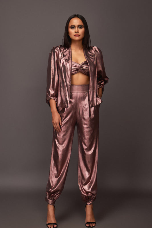 Copper Metallic Foil Jacket And Pants Set Comes With Bustier And Sash Belt