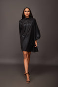 Load image into Gallery viewer, Black Close Neck With Pleating Detail Metallic Foil Short Dress