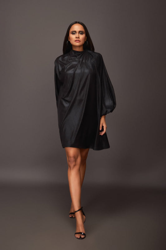 Black Close Neck With Pleating Detail Metallic Foil Short Dress