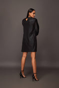Load image into Gallery viewer, Black Close Neck With Pleating Detail Metallic Foil Short Dress