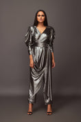 Load image into Gallery viewer, Grey Puffed Sleeve Overlap Drape Metallic Foil Jumpsuit With Sash Belt