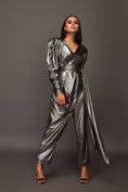 Load image into Gallery viewer, Grey Puffed Sleeve Overlap Drape Metallic Foil Jumpsuit With Sash Belt