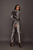 Load image into Gallery viewer, Grey Puffed Sleeve Overlap Drape Metallic Foil Jumpsuit With Sash Belt