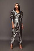 Load image into Gallery viewer, Grey Puffed Sleeve Overlap Drape Metallic Foil Jumpsuit With Sash Belt