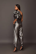 Load image into Gallery viewer, Grey One Shoulder Puffed Sleeve Metallic Foil Jumpsuit With Sash Belt