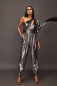Load image into Gallery viewer, Grey One Shoulder Puffed Sleeve Metallic Foil Jumpsuit With Sash Belt