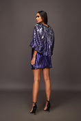 Load image into Gallery viewer, Purple Pleated Metallic Cape Style Short Dress