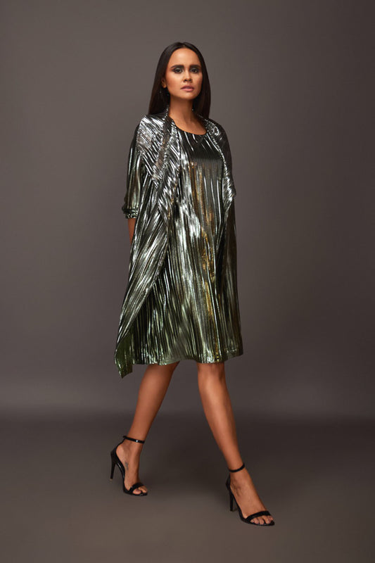 Silver & Green Pleated Metallic Mini Dress With Attached Jacket Look