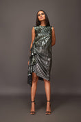 Load image into Gallery viewer, Silver & Green Ruffled Drape At One Side Pleated Metallic Sleeveless Dress