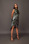 Load image into Gallery viewer, Silver & Green Ruffled Drape At One Side Pleated Metallic Sleeveless Dress