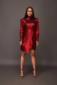 Load image into Gallery viewer, Red Close Neck Asymetric Metallic Foil Short Dress With Open Back