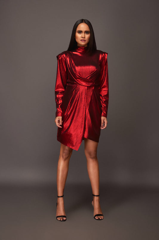 Red Close Neck Asymetric Metallic Foil Short Dress With Open Back