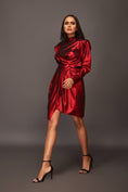 Load image into Gallery viewer, Red Close Neck Asymetric Metallic Foil Short Dress With Open Back