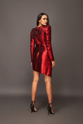 Load image into Gallery viewer, Red Metallic Foil Draped Short Dress