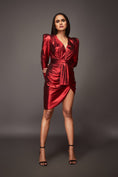 Load image into Gallery viewer, Red Metallic Foil Draped Short Dress
